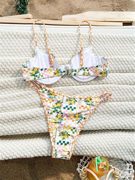 Women S Swimsuit Set Including Printed Bikini With Random Square Grid Tropical Fruit Pattern