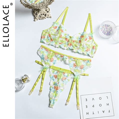 Ellolace Sexy Lingerie Floral Embroidery Erotic Underwear Set Lace Transparent Brief Sets Fancy