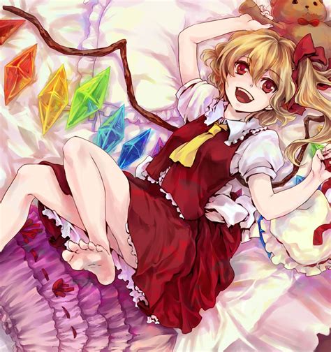 Barefoot Blonde Hair Feet Flandre Scarlet Lying Smile Touhou Barefoot Blonde Hair