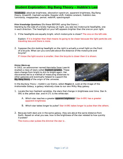 Student Exploration: Big Bang Theory – Hubble’s Law | Exams Network