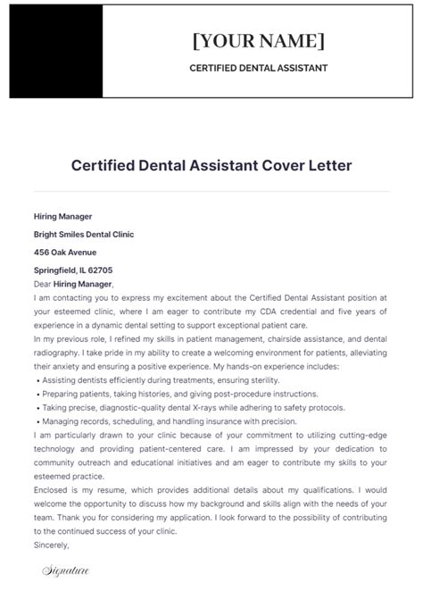 Free Certified Dental Assistant Cover Letter Template to Edit Online