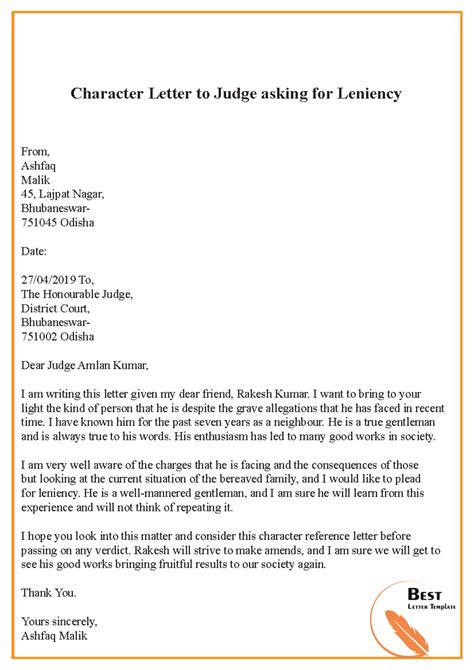 Character Letter to Judge asking for Leniency - Character Letter to