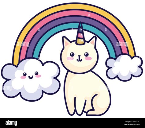 Cute Cat Unicorn With Rainbow Kawaii Style Icon Stock Vector Image And Art Alamy