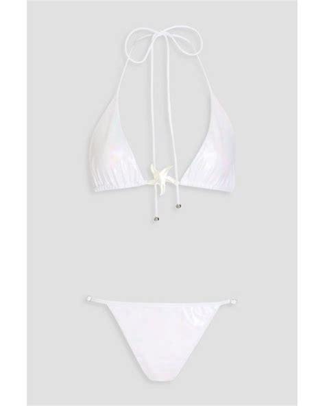 Leslie Amon Star Embellished Iridescent Stretch Triangle Bikini In White Lyst Australia
