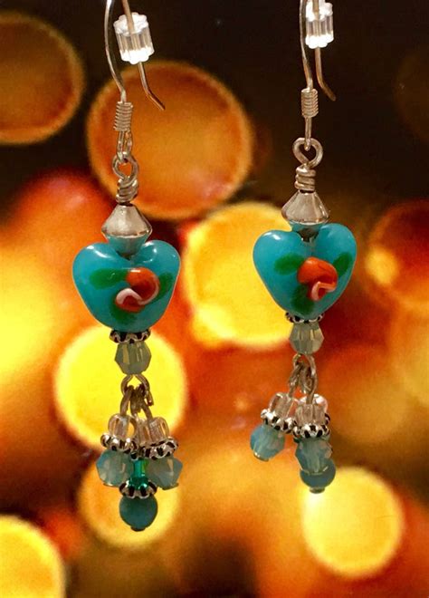 Turquoise Heart Beaded Dangle Earrings With Silver Ear Wires Etsy