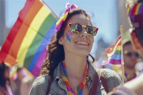 Los Espectadores Del Orgullo Gay Llevan Banderas Gays Del Arco Iris Durante La Marcha Del