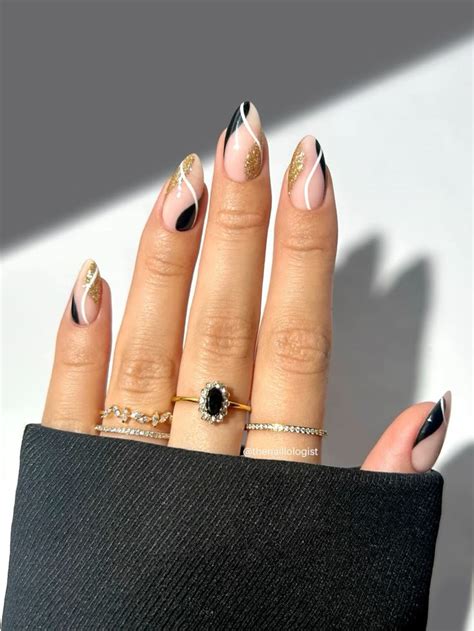 Gold And Black New Years Design In 2024 Gold Gel Nails Gel Nails Nude Nails