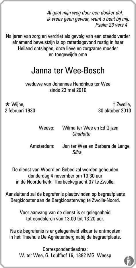 Janna Ter Wee Bosch 30 10 2010 Overlijdensbericht En Condoleances