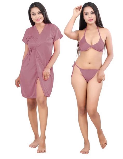 Satin Plain Lingerie Nighty Set Half Sleeve At Set In Devli Id