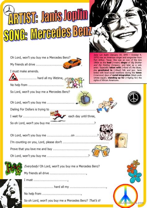 Janis Joplin Mercedes Benz Listeni English ESL Worksheets Pdf Doc