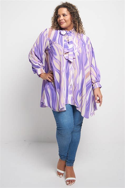One Size Purple Abstract Pussy Bow Button Front Baloon Sleeve Asymmetric Print Top Praslin