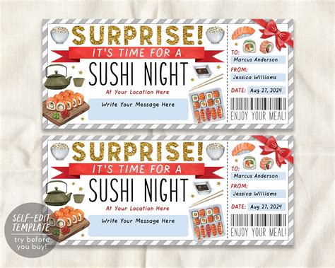 Sushi Night Ticket Voucher Editable Template, Surprise Sushi Date Nigh