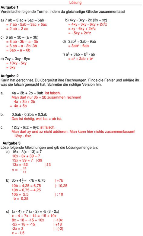 Klassenarbeit Zu Terme Und Gleichungen Klasse