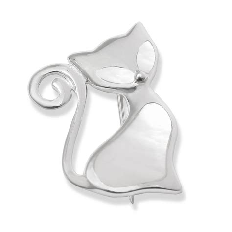 Broche Chat En Argent Et Nacre Blanche