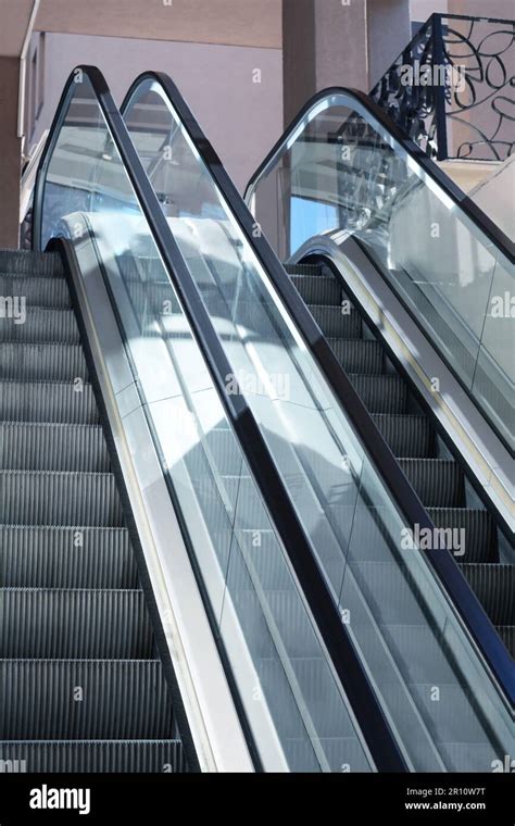 Modern Escalators With Handrails In Shopping Mall Stock Photo Alamy