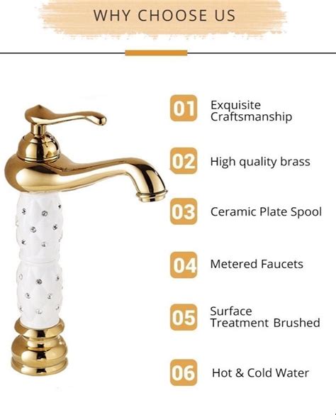 Gold White Diamond Fancy Basin Brass Faucet Tap Mixer Hot And Cold Spout Inch Height Gold