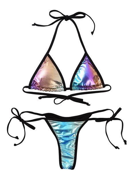 Sexy Womens Shiny Metallic Bikini Set Padded Bra Top Swimwear Swimsuit Beachwear Ebay
