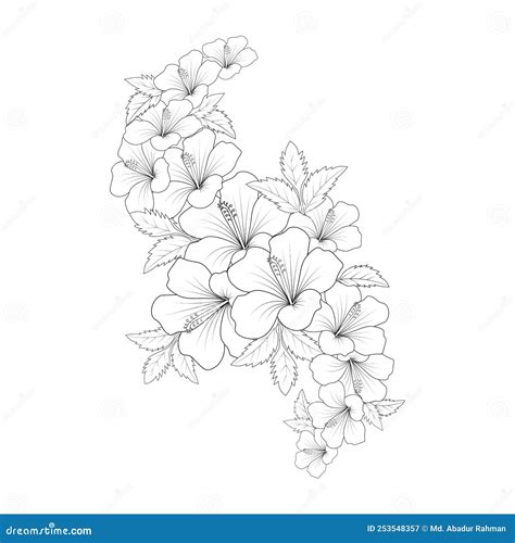 Doodle Common Hibiscus Flower Line Art Coloring Book Page of Vector