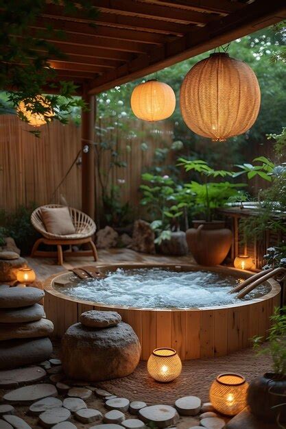 Premium Photo Cozy Japanese Inspired Outdoor Hot Tub Area With Wooden Soaking T Interior