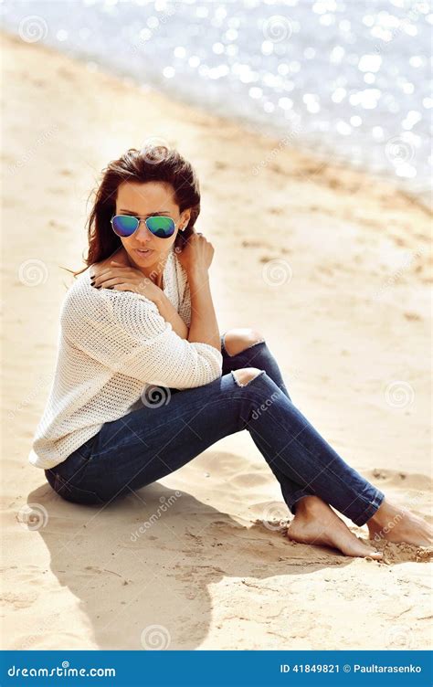 Brunette Woman Sitting On A Beach Stock Image Image Of Background Glamour 41849821