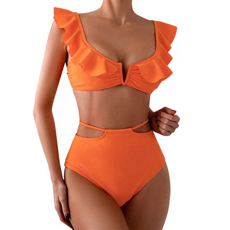 ANINEO Women Swimwear V Neck High Waist Flounce Bikini With Tie Design Lovely Hawaii Summer