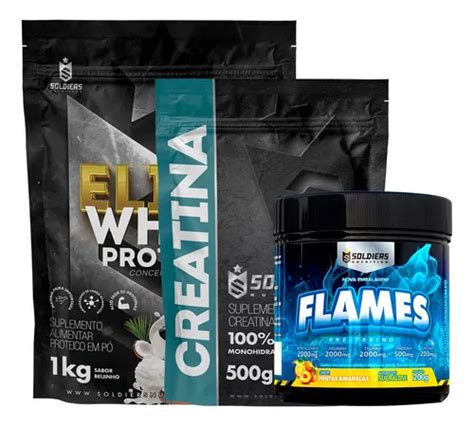 Kit Elite Whey 80 1kg creatina 500g pré preino Flames 200g Sabor