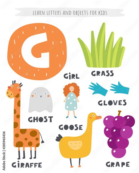 G Letter Objects And Animals Including Giraffe Girl Goose Grape