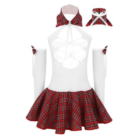 Femme Ensemble de Lingerie Sexy Uniforme Étudiant Tenue Soubrette Mini Jupe Plissée Plaid