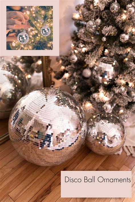 disco ball ornaments next to a christmas tree