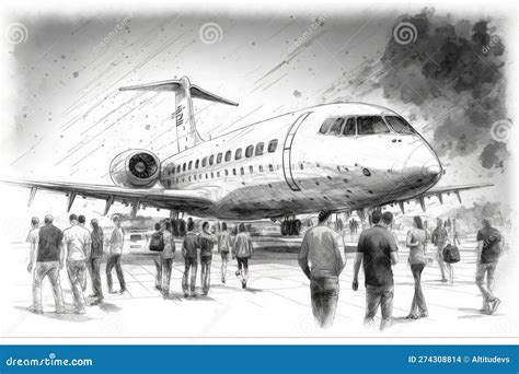 Pencil Sketch Of Sleek And Speedy Aircraft With People Boarding For
