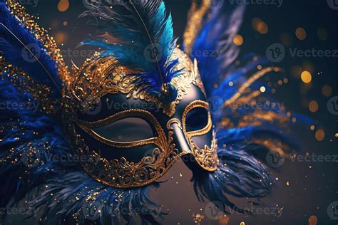 Realistic Luxury Carnival Mask With Blue Feathers Abstract Blurred