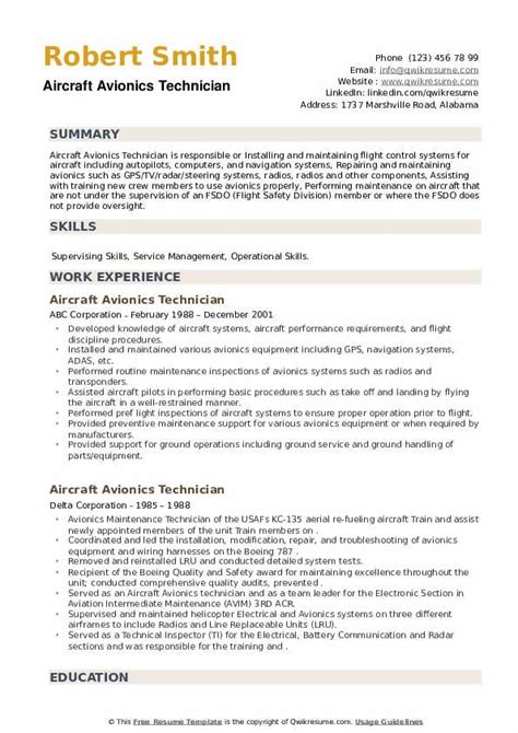 Aircraft Avionics Technician Resume Samples | QwikResume