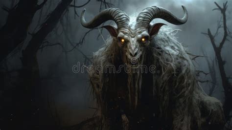 Scary Nightmare Creature With Goat Terrifying And Creepy Stock