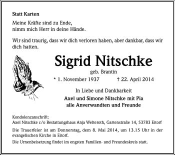 Traueranzeigen Von Sigrid Nitschke Wirtrauern