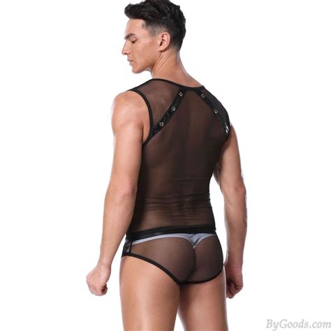 Sexy See Through Mesh Splice Faux Leather Line Gay Teddy Bodysuit Sissy Bar Costume Jockstrap
