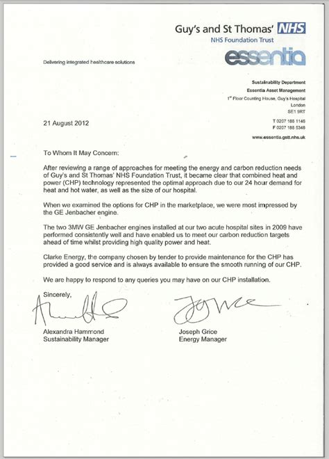 Guys And St Thomas Hospital Letter Of Support For Chp Plant