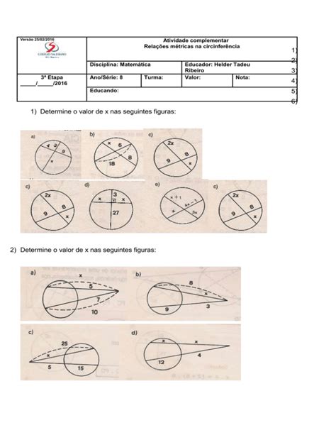 Lista De Exerc Cios Sobre Rela Es M Tricas Na Circunfer Ncia