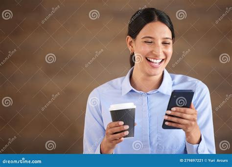 Professional Woman Laughing With Smartphone And Coffee Break With