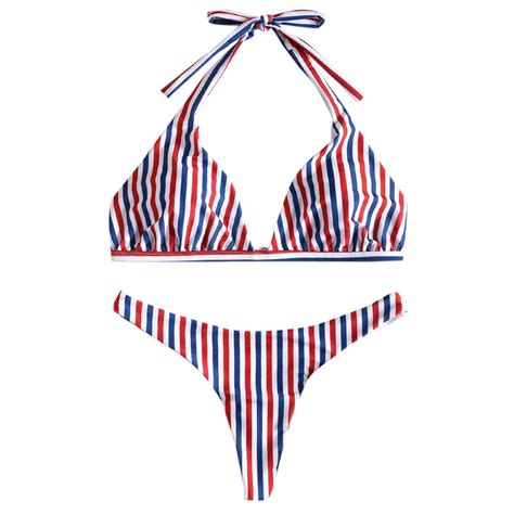 Bikini para mujer traje de baño colorido rayas Halter Bikini Set