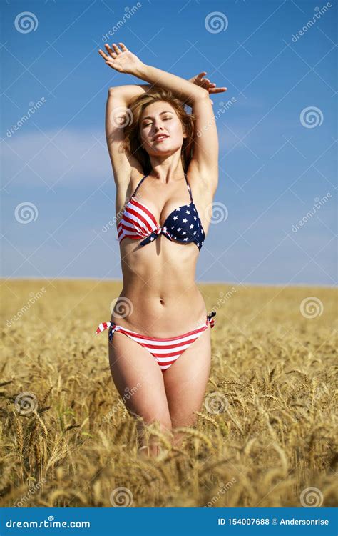 Woman In American Flag Bikini In A Wheat Field Stock Photo Image Of Naked Human