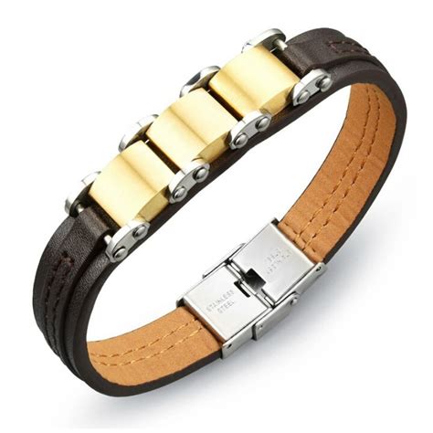 Pulseira Bracelete Masculina Couro A O Inox Banhada Ouro K Ora O Pai