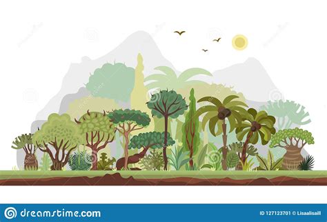 Vector Horizontal Tropical Rainforest Illustration Jungle Flat Design