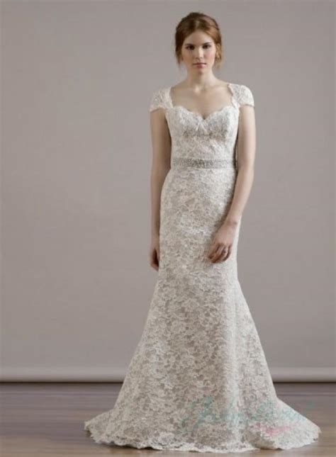 Sweetheart Neck Cap Sleeves Keyhole Back Lace Sheath Wedding Dress