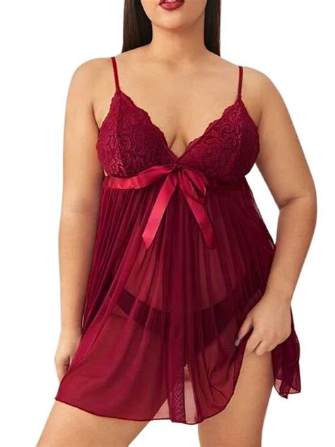 DYMADE Womens Plus Lingerie Silk Satin Sexy Sheer Lace Nightshirt Nightgown Nightdress With G