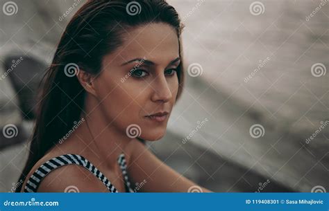 Portrait Of A Beautiful Sad Brunette By The River Stock Image Image Of Lonely Emotion 119408301