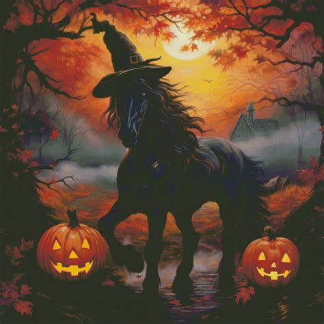 Black Friesian Horse Halloween Scene Counted Cross Stitch Pattern