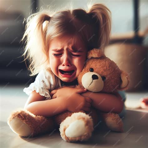 Premium Photo | A little child crying while hugging a teddy bear in a