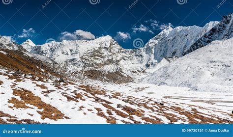 Panorama of the Khumbu Valley in Nepal Stock Image - Image of nuptse ...