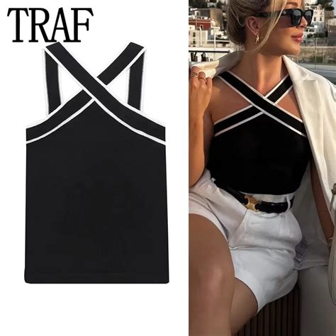 Traf Black Knit Tank Top Female Off Shoulder Crop Tops For Women