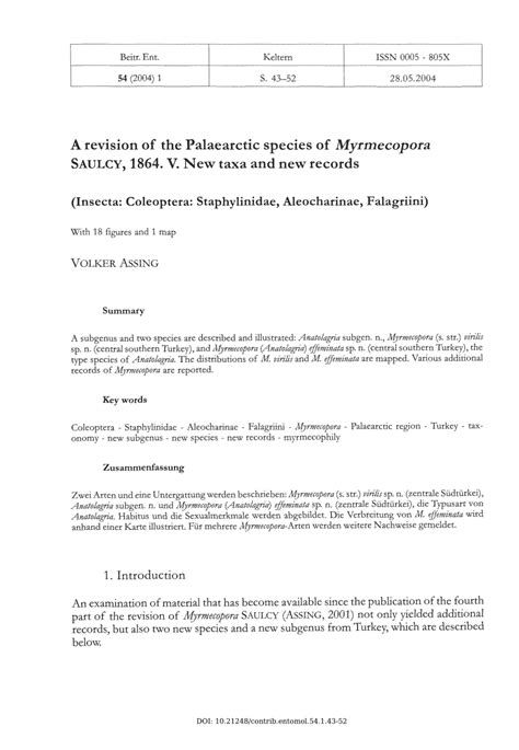 PDF A Revision Of The Palaearctic Species Of Myrmecopora Saulcy 1864